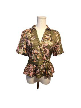 Tracy Evans Floral Wrap Front V-Neck Belted Peplum Waist Puff Sleeve Top Small